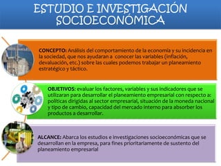 ESTUDIO E INVESTIGACIÓN
SOCIOECONÓMICA
CONCEPTO: Análisis del comportamiento de la economía y su incidencia en
la sociedad, que nos ayudaran a conocer las variables (inflación,
devaluación, etc.) sobre las cuales podemos trabajar un planeamiento
estratégico y táctico.

OBJETIVOS: evaluar los factores, variables y sus indicadores que se
utilizaran para desarrollar el planeamiento empresarial con respecto a:
políticas dirigidas al sector empresarial, situación de la moneda nacional
y tipo de cambio, capacidad del mercado interno para absorber los
productos a desarrollar.

ALCANCE: Abarca los estudios e investigaciones socioeconómicas que se
desarrollan en la empresa, para fines prioritariamente de sustento del
planeamiento empresarial

 
