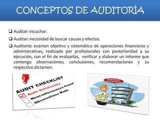 CONCEPTOS DE AUDITORÍA
 Auditar: escuchar.
 Auditar: necesidad de buscar causas y efectos.
 Auditoría: examen objetivo y sistemático de operaciones financieras y
administrativas, realizado por profesionales con posterioridad a su
ejecución, con el fin de evaluarlas, verificar y elaborar un informe que
contenga observaciones, conclusiones, recomendaciones y su
respectivo dictamen.

 