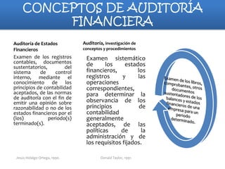 CONCEPTOS DE AUDITORÍA
FINANCIERA
Auditoría de Estados
Financieros

Examen de los registros
contables, documentos
sustentatorios,
del
sistema
de
control
interno, mediante el
conocimiento de los
principios de contabilidad
aceptados, de las normas
de auditoría con el fin de
emitir una opinión sobre
razonabilidad o no de los
estados financieros por el
(los)
periodo(s)
terminado(s).

Jesús Hidalgo Ortega, 1990.

Auditoría, investigación de
conceptos y procedimientos

Examen sistemático
de
los
estados
financieros,
los
registros
y
las
operaciones
correspondientes,
para determinar la
observancia de los
principios
de
contabilidad
generalmente
aceptados, de las
políticas
de
la
administración y de
los requisitos fijados.
Donald Taylor, 1991.

 