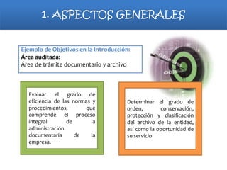 1. ASPECTOS GENERALES

Ejemplo de Objetivos en la Introducción:
Área auditada:
Área de trámite documentario y archivo

Evaluar el grado de
eficiencia de las normas y
procedimientos,
que
comprende el proceso
integral
de
la
administración
documentaria
de
la
empresa.

Determinar el grado de
orden,
conservación,
protección y clasificación
del archivo de la entidad,
así como la oportunidad de
su servicio.

 