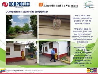RIF - J-31526384-0
¿Cómo debemos asumir este compromiso?
Por lo básico. Por
ejemplo, poniendo en
práctica un plan de
Orden y Limpieza
Un primer paso es:
Inventariar, para saber
qué tenemos como
desecho, dónde esta, en
qué condiciones esta
almacenado.
Después de esto se
debe: Ordenar,
clasificar, colocar en
condiciones que no
perjudiquen al medio
ambiente, ni a los
trabajadores, ni a la
planta
 