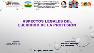 ASPECTOS LEGALES DEL
EJERCICIO DE LA PROFESIÓN
Integrante:
Barrera, Annellys.
C.I.29899095
LICDA:
Loero, Carmen.
El tigre, Junio 2002.
 