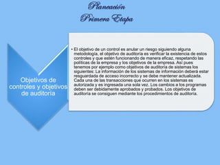 Objetivos de
controles y objetivos
de auditoría
• El objetivo de un control es anular un riesgo siguiendo alguna
metodología, el objetivo de auditoría es verificar la existencia de estos
controles y que estén funcionando de manera eficaz, respetando las
políticas de la empresa y los objetivos de la empresa. Así pues
tenemos por ejemplo como objetivos de auditoría de sistemas los
siguientes: La información de los sistemas de información deberá estar
resguardada de acceso incorrecto y se debe mantener actualizada.
Cada una de las transacciones que ocurren en los sistemas es
autorizada y es ingresada una sola vez. Los cambios a los programas
deben ser debidamente aprobados y probados. Los objetivos de
auditoría se consiguen mediante los procedimientos de auditoría.
 
