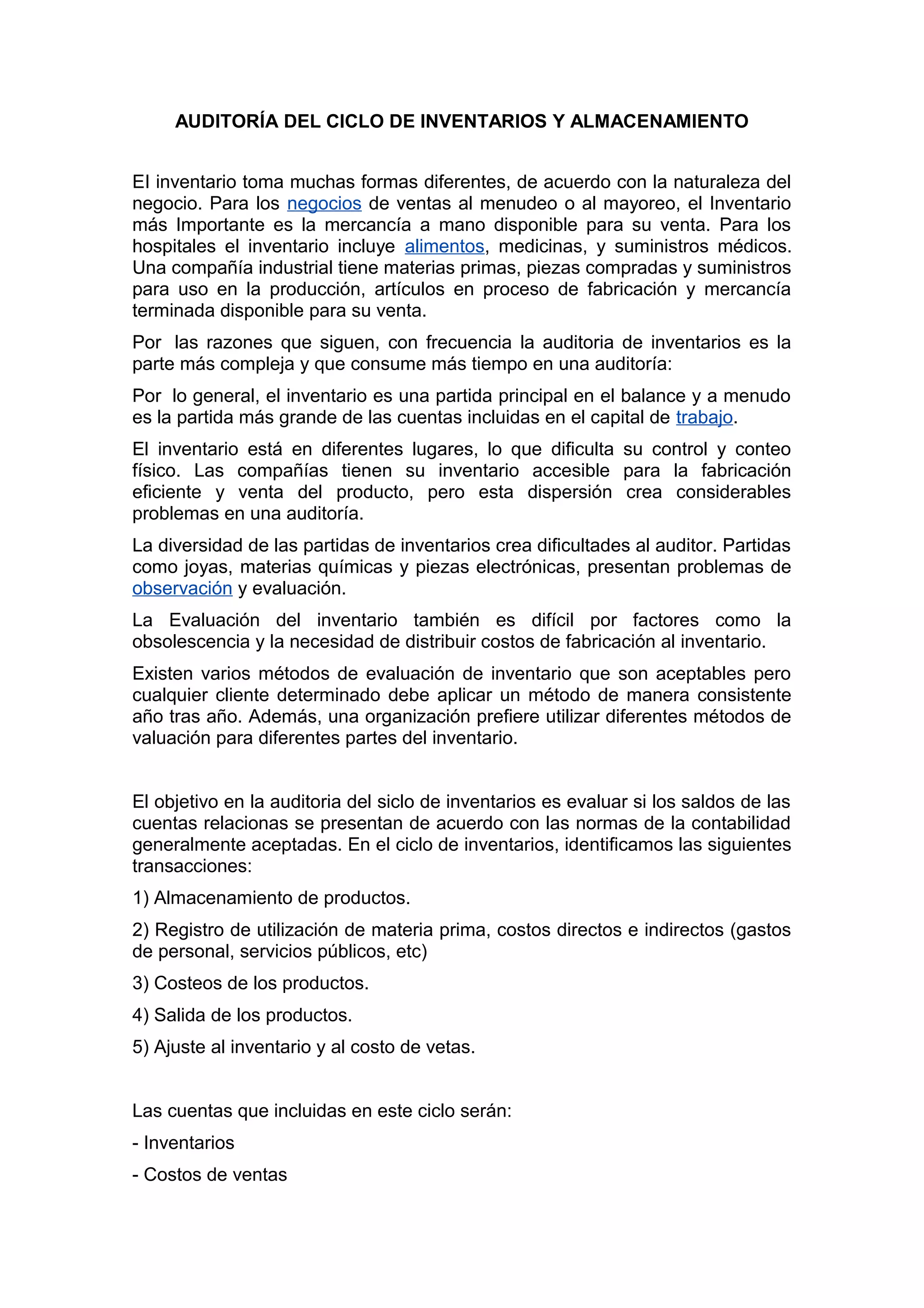 Auditora del ciclo de inventarios y almacenamiento | DOC