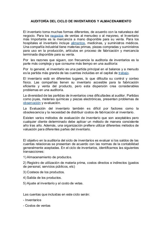 Auditora del ciclo de inventarios y almacenamiento