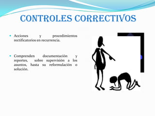 CONTROLES CORRECTIVOS
 Acciones         y        procedimientos
  rectificatorios en recurrencia.



 Comprenden      documentación    y
  reportes,  sobre supervisión a los
  asuntos, hasta su reformulación o
  solución.
 