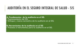 AUDITORÍA EN EL SEGURO INTEGRAL DE SALUD - SIS
A: Fundamentos de la auditoría en el SIS.
• Funcionamiento del SIS.
• Enfoque y marco normativo de la auditoría en el SIS.
B: Herramientas de la auditoría en el SIS
• Procesos e instrumentos para la auditoría en el SIS.
DRA. FRESIA CÁRDENAS GARCÍA CMP 19468 - A03641 81
 