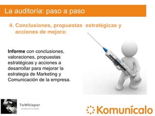 La auditoría: paso a paso2. Obtención de muestras documentales y elaboración de bases de datos y tablas:En Internet:Por respuestas solicitadas.Por fecha de actualización.Por tipo de contenido analizado: todos los textos de todos los documentos, título y descripción de la página, sólo los párrafos en los que se menciona el objeto y sólo los títulos.