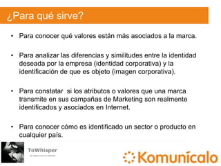 La auditoría: paso a paso3. Análisis, interpretación y valoración de los resultados:Grado de asociación entre la marca y el listado de atributos.Se contabiliza en cada base de datos el número de documentos en que se cita cada atributo y las veces que se cita.Media ponderada de los valores para poder establecer el grado de asociación de cada uno de los atributos con la marca.Análisis de los resultados para interpretar y valorar cómo están relacionados los diferentes atributos con la marca.