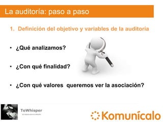 ¿Qué es la auditoría de imagen corporativa?Se analiza, valora e interpreta        con qué valores o atributos son identificados una marca y a partir de los resultados obtenidos, seelabora un informe de conclusiones, propuestas estratégicas y acciones a desarrollar para mejorar la estrategia de Marketing y Comunicación de la empresa.
