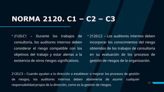 17
 2120.C1 – Durante los trabajos de
consultoría, los auditores internos deben
considerar el riesgo compatible con los
objetivos del trabajo y estar alertas a la
existencia de otros riesgos significativos.
 2120.C2 – Los auditores internos deben
incorporar los conocimientos del riesgo
obtenidos de los trabajos de consultoría
en su evaluación de los procesos de
gestión de riesgos de la organización.
NORMA 2120. C1 – C2 – C3
2120.C3 – Cuando ayudan a la dirección a establecer o mejorar los procesos de gestión
de riesgos, los auditores internos deben abstenerse de asumir cualquier
responsabilidad propia de la dirección, como es la gestión de riesgos.
 