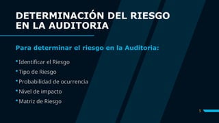 DETERMINACIÓN DEL RIESGO
EN LA AUDITORIA
Para determinar el riesgo en la Auditoria:
Identificar el Riesgo
Tipo de Riesgo
Probabilidad de ocurrencia
Nivel de impacto
Matriz de Riesgo
5
 