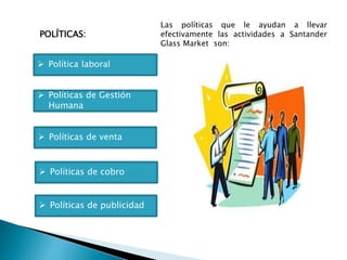 POLÍTICAS:
 Política laboral
 Políticas de Gestión
Humana
 Políticas de venta
 Políticas de cobro
 Políticas de publicidad
Las políticas que le ayudan a llevar
efectivamente las actividades a Santander
Glass Market son:
 