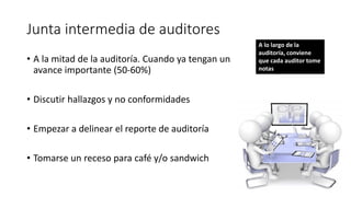 Junta intermedia de auditores
• A la mitad de la auditoría. Cuando ya tengan un
avance importante (50-60%)
• Discutir hallazgos y no conformidades
• Empezar a delinear el reporte de auditoría
• Tomarse un receso para café y/o sandwich
A lo largo de la
auditoría, conviene
que cada auditor tome
notas
 