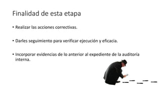 Finalidad de esta etapa
• Realizar las acciones correctivas.
• Darles seguimiento para verificar ejecución y eficacia.
• Incorporar evidencias de lo anterior al expediente de la auditoría
interna.
 