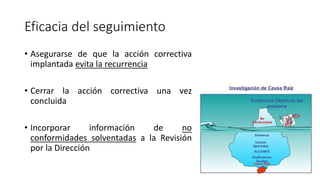 Eficacia del seguimiento
• Asegurarse de que la acción correctiva
implantada evita la recurrencia
• Cerrar la acción correctiva una vez
concluida
• Incorporar información de no
conformidades solventadas a la Revisión
por la Dirección
 