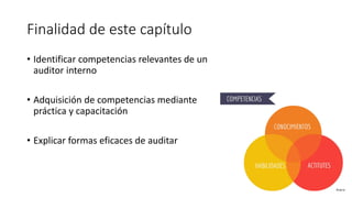 Finalidad de este capítulo
• Identificar competencias relevantes de un
auditor interno
• Adquisición de competencias mediante
práctica y capacitación
• Explicar formas eficaces de auditar
 