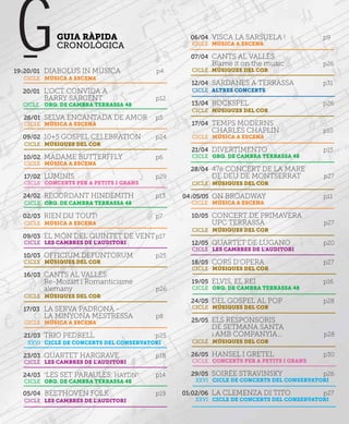 G           GUIA RÀPIDA
            CRONOLÒGICA

19 i 20/01 DIABOLUS IN MÚSICA
  CICLE MÚSICA A ESCENA
                                        p4
                                                06/04 VISCA LA SARSUELA !
                                                CICLE MÚSICA A ESCENA

                                                07/04 CANTS AL VALLÈS
                                                      Blame it on the music
                                                CICLE MÚSIQUES DEL COR

                                                12/04 SARDANES A TERRASSA
                                                                                      p9



                                                                                      p26


                                                                                      p31
  20/01 L’OCT CONVIDA A                         CICLE ALTRES CONCERTS
        BARRY SARGENT                   p12
  CICLE ORQ. DE CAMBRA TERRASSA 48              13/04 ROCKSPEL                        p26
                                                CICLE MÚSIQUES DEL COR
  26/01 SELVA ENCANTADA DE AMOR         p5
  CICLE MÚSICA A ESCENA                         17/04 TEMPS MODERNS
                                                      CHARLES CHAPLIN                 p10
  09/02 10+5 GOSPEL CELEBRATION         p24     CICLE MÚSICA A ESCENA
  CICLE MÚSIQUES DEL COR
                                                21/04 DIVERTIMENTO                    p15
  10/02 MADAME BUTTERFFLY               p6      CICLE ORQ. DE CAMBRA TERRASSA 48
  CICLE MÚSICA A ESCENA
                                                28/04 47è CONCERT DE LA MARE
  17/02 LUMINIS                         p29           DE DEU DE MONTSERRAT            p27
  CICLE CONCERTS PER A PETITS I GRANS           CICLE MÚSIQUES DEL COR

  24/02 RECORDANT HINDEMITH             p13   04 i 05/05 ON BROADWAY                  p11
  CICLE ORQ. DE CAMBRA TERRASSA 48              CICLE MÚSICA A ESCENA

  02/03 RIEN DU TOUT!                   p7      10/05 CONCERT DE PRIMAVERA
  CICLE MÚSICA A ESCENA                               UPC TERRASSA                    p27
                                                CICLE MÚSIQUES DEL COR
  09/03 EL MÓN DEL QUINTET DE VENT p17
  CICLE LES CAMBRES DE L’AUDITORI               12/05 QUARTET DE LUGANO               p20
                                                CICLE LES CAMBRES DE L’AUDITORI
  10/03 OFFICIUM DEFUNTORUM             p25
  CICLE MÚSIQUES DEL COR                        18/05 CORS D’OPERA                    p27
                                                CICLE MÚSIQUES DEL COR
  16/03 CANTS AL VALLÈS
        Re-Mozart i Romanticisme                19/05 ELVIS, EL REI                   p16
        alemany                         p26     CICLE ORQ. DE CAMBRA TERRASSA 48
  CICLE MÚSIQUES DEL COR
                                                24/05 DEL GOSPEL AL POP               p28
  17/03 LA SERVA PADRONA -                      CICLE MÚSIQUES DEL COR
        LA MINYONA MESTRESSA            p8
  CICLE MÚSICA A ESCENA                         25/05 ELS RESPONSORIS
                                                      DE SETMANA SANTA
  21/03 TRIO PEDRELL                    p25           i AMB COMPANYIA...              p28
   XXVI CICLE DE CONCERTS DEL CONSERVATORI      CICLE MÚSIQUES DEL COR

  23/03 QUARTET HARGRAVE                p18     26/05 HANSEL I GRETEL                 p30
  CICLE LES CAMBRES DE L’AUDITORI               CICLE CONCERTS PER A PETITS I GRANS

  24/03 “LES SET PARAULES; HAYDN”       p14     29/05 SOIRÉE STRAVINSKY               p26
  CICLE ORQ. DE CAMBRA TERRASSA 48               XXVI CICLE DE CONCERTS DEL CONSERVATORI

  05/04 BEETHOVEN FOLK                  p19   01i 02/06 LA CLEMENZA DI TITO           p27
  CICLE LES CAMBRES DE L’AUDITORI                XXVI CICLE DE CONCERTS DEL CONSERVATORI
 