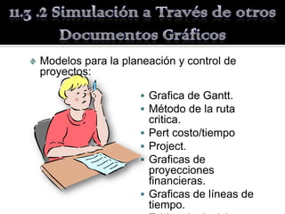 Modelos para la planeación y control de
proyectos:

                    Grafica de Gantt.
                    Método de la ruta
                       critica.
                      Pert costo/tiempo
                      Project.
                      Graficas de
                       proyecciones
                       financieras.
                      Graficas de líneas de
                       tiempo.
 
