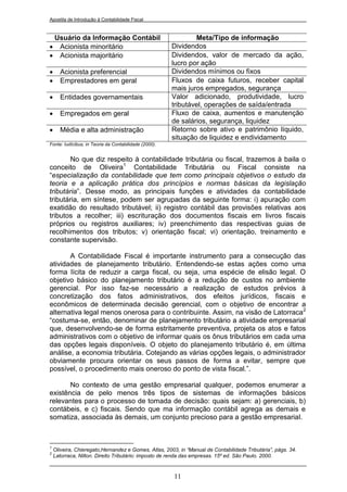 Apostila de Introdução à Contabilidade Fiscal



    Usuário da Informação Contábil                             Meta/Tipo de informação
    Acionista minoritário                             Dividendos
    Acionista majoritário                             Dividendos, valor de mercado da ação,
                                                       lucro por ação
     Acionista preferencial                           Dividendos mínimos ou fixos
     Emprestadores em geral                           Fluxos de caixa futuros, receber capital
                                                       mais juros empregados, segurança
     Entidades governamentais                         Valor adicionado, produtividade, lucro
                                                       tributável, operações de saída/entrada
     Empregados em geral                              Fluxo de caixa, aumentos e manutenção
                                                       de salários, segurança, liquidez
     Média e alta administração                       Retorno sobre ativo e patrimônio líquido,
                                                       situação de liquidez e endividamento
Fonte: Iudícibus, in Teoria da Contabilidade (2000).


       No que diz respeito à contabilidade tributária ou fiscal, trazemos à baila o
conceito de Oliveira1 Contabilidade Tributária ou Fiscal consiste na
“especialização da contabilidade que tem como principais objetivos o estudo da
teoria e a aplicação prática dos princípios e normas básicas da legislação
tributária”. Desse modo, as principais funções e atividades da contabilidade
tributária, em síntese, podem ser agrupadas da seguinte forma: i) apuração com
exatidão do resultado tributável; ii) registro contábil das provisões relativas aos
tributos a recolher; iii) escrituração dos documentos fiscais em livros fiscais
próprios ou registros auxiliares; iv) preenchimento das respectivas guias de
recolhimentos dos tributos; v) orientação fiscal; vi) orientação, treinamento e
constante supervisão.

       A Contabilidade Fiscal é importante instrumento para a consecução das
atividades de planejamento tributário. Entendendo-se estas ações como uma
forma lícita de reduzir a carga fiscal, ou seja, uma espécie de elisão legal. O
objetivo básico do planejamento tributário é a redução de custos no ambiente
gerencial. Por isso faz-se necessário a realização de estudos prévios à
concretização dos fatos administrativos, dos efeitos jurídicos, fiscais e
econômicos de determinada decisão gerencial, com o objetivo de encontrar a
alternativa legal menos onerosa para o contribuinte. Assim, na visão de Latorraca2
“costuma-se, então, denominar de planejamento tributário a atividade empresarial
que, desenvolvendo-se de forma estritamente preventiva, projeta os atos e fatos
administrativos com o objetivo de informar quais os ônus tributários em cada uma
das opções legais disponíveis. O objeto do planejamento tributário é, em última
análise, a economia tributária. Cotejando as várias opções legais, o administrador
obviamente procura orientar os seus passos de forma a evitar, sempre que
possível, o procedimento mais oneroso do ponto de vista fiscal.”.

       No contexto de uma gestão empresarial qualquer, podemos enumerar a
existência de pelo menos três tipos de sistemas de informações básicos
relevantes para o processo de tomada de decisão: quais sejam: a) gerenciais, b)
contábeis, e c) fiscais. Sendo que ma informação contábil agrega as demais e
somatiza, associada às demais, um conjunto precioso para a gestão empresarial.



1
    Oliveira, Chieregato,Hernandez e Gomes, Atlas, 2003, in “Manual de Contabilidade Tributária”, págs. 34.
2
    Latorraca, Nilton. Direito Tributário: imposto de renda das empresas. 15º ed. São Paulo. 2000.



                                                       11
 