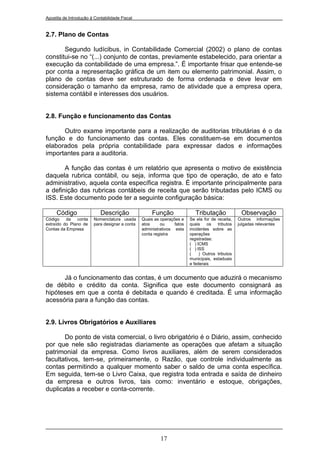 Apostila de Introdução à Contabilidade Fiscal


2.7. Plano de Contas

       Segundo Iudícibus, in Contabilidade Comercial (2002) o plano de contas
constitui-se no “(...) conjunto de contas, previamente estabelecido, para orientar a
execução da contabilidade de uma empresa.”. É importante frisar que entende-se
por conta a representação gráfica de um item ou elemento patrimonial. Assim, o
plano de contas deve ser estruturado de forma ordenada e deve levar em
consideração o tamanho da empresa, ramo de atividade que a empresa opera,
sistema contábil e interesses dos usuários.


2.8. Função e funcionamento das Contas

      Outro exame importante para a realização de auditorias tributárias é o da
função e do funcionamento das contas. Eles constituem-se em documentos
elaborados pela própria contabilidade para expressar dados e informações
importantes para a auditoria.

       A função das contas é um relatório que apresenta o motivo de existência
daquela rubrica contábil, ou seja, informa que tipo de operação, de ato e fato
administrativo, aquela conta específica registra. É importante principalmente para
a definição das rubricas contábeis de receita que serão tributadas pelo ICMS ou
ISS. Este documento pode ter a seguinte configuração básica:

     Código                 Descrição                 Função                Tributação             Observação
Código    da   conta     Nomenclatura usada      Quais as operações e    Se ela for de receita,   Outros informações
extraído do Plano de     para designar a conta   atos     ou     fatos   quais    os   tributos   julgadas relevantes
Contas da Empresa                                administrativos esta    incidentes sobre as
                                                 conta registra          operações
                                                                         registradas:
                                                                         ( ) ICMS
                                                                         ( ) ISS
                                                                         (    ) Outros tributos
                                                                         municipais, estaduais
                                                                         e federais


      Já o funcionamento das contas, é um documento que aduzirá o mecanismo
de débito e crédito da conta. Significa que este documento consignará as
hipóteses em que a conta é debitada e quando é creditada. É uma informação
acessória para a função das contas.


2.9. Livros Obrigatórios e Auxiliares

       Do ponto de vista comercial, o livro obrigatório é o Diário, assim, conhecido
por que nele são registradas diariamente as operações que afetam a situação
patrimonial da empresa. Como livros auxiliares, além de serem considerados
facultativos, tem-se, primeiramente, o Razão, que controle individualmente as
contas permitindo a qualquer momento saber o saldo de uma conta específica.
Em seguida, tem-se o Livro Caixa, que registra toda entrada e saída de dinheiro
da empresa e outros livros, tais como: inventário e estoque, obrigações,
duplicatas a receber e conta-corrente.




                                                          17
 