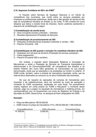 Apostila de Introdução à Contabilidade Fiscal


2.10. Aspectos Contábeis do ISS e do ICMS4

      O Imposto sobre Serviços de Qualquer Natureza é um tributo de
competência dos municípios, que incide sobre os serviços prestados por
empresas ou profissionais autônomos, desde que o fato gerador do serviço já não
seja de competência tributária do Estado ou da União. O ISS constitui-se numa
despesa que deduz a receita bruta da empresa. Assim, podemos apresentar o
esquema de contabilização a seguir:

1) Contabilização da receita bruta:
D – Ativo Circulante (Contas a Receber – Clientes)
C – Receitas Operacionais (Prestação de Serviços)

2) Contabilização do provisionamento do ISS:
D – Deduções da Receita Bruta (Impostos incidentes s/ vendas – ISS)
C – Passivo Circulante - ISS


3) Contabilização do ISS quando o tomador for substituto tributário do ISS;
D – Despesas com serviços de terceiros (Prestação de serviços quaisquer)
C – Caixa (pagamento)
C – Passivo Circulante (ISS a recolher)

        Em síntese, o Imposto sobre Operações Relativas à Circulação de
Mercadorias e sobre a Prestação de Serviços de Transporte Interestadual e
Intermunicipal e de Comunicações/ICMS, de competência dos Estados e do
Distrito Federal, tem como fatos geradores os mencionados na sua própria
denominação, ainda que as operações e as prestações se iniciem no exterior. O
ICMS incide, também, sobre a entrada de mercadoria importada, ainda, que se
trate de bens destinados ao consumo ou ao ativo imobilizado das empresas.

       No que diz respeito às operações de compras de mercadorias para
revendas e de matérias-primas, deve ser excluído do custo de aquisição o
montante do ICMS recuperável, destacado em nota fiscal. Tal procedimento
implica registrar em conta própria de “ICMS a Recuperar” o montante desse
imposto, pago (ou a pagar) na aquisição de mercadorias e matérias-primas, em
correspondência com os lançamentos nos livros de Registros de Entrada e de
Apuração do ICMS. Dessa forma, os estoques já ficam despojados do ICMS.

Exemplo:

    Preço da Mercadoria= R$ 50.000,00
    ICMS incluso no preço da mercadoria (17% x R$ 50.000,00) = R$ 8.500,00

     Compras/Mercadorias                         ICMS a Recuperar             Fornecedores/Caixa
    41.500,00                                   8.500,00                                     50.000,00




4
 Extraído de Iudícibus e Marion, in Contabilidade Comercial (2002) e de Oliveira, Chieregato,Hernandez e
Gomes, Atlas, 2003, in “Manual de Contabilidade Tributária”, págs. 75.



                                                           18
 