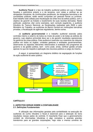 Apostila de Introdução à Contabilidade Fiscal


        Auditoria Fiscal é o tipo de trabalho auditorial público em que o Estado
fiscaliza o patrimônio próprio e o de terceiros, com vistas a verificar se as
obrigações tributárias, de contribuições parafiscais, de obrigações bancárias e de
concessões públicas, estão sendo cumpridas por pessoas físicas ou jurídicas.
Este trabalho está voltado para fiscalização de entes fora da esfera pública, com o
objetivo de garantir ao Estado o recebimento de suas receitas derivadas. Neste
particular, podemos citar como exemplos, sem contudo esgotá-los, a auditoria
tributária do Tesouro Nacional, as fiscalizações realizadas pelo INSS e pelo
Ministério do Trabalho, as auditorias do Banco Central em instituições bancárias
privadas, a fiscalização de agências reguladoras, dentre outras.

       Já auditoria governamental é o trabalho auditorial exercido pelos
controles interno e externo de todos os níveis de poder e de todas as esferas de
governo, cujo objetivo primordial deve ser o de garantir resultados operacionais
na gerência da coisa pública. Esta auditoria é exercida nos meandros da máquina
pública em todos os órgãos, unidades gestoras e entidades governamentais,
observando os aspectos relevantes relacionados à avaliação dos programas de
governo e da gestão pública, bem como pode, ainda, verificar gestão privada
apenas no que diz respeito à aplicação dos recursos públicos a cargo da mesma.

      A seguir, é apresentado um diagrama didático da segregação de funções
da ação auditorial do setor público:



                                                          Auditoria
                             Auditoria Fiscal           Governamental:
                            Fiscos: Federal,          controle interno
                             Estadual e
                             Municipal                 controle externo
                                                        (Tribunais de Contas)
                            Bacen
                                                    
                         
                                                        auditorias internas
                             MTb
                            INSS
                            Agências
                             Reguladoras                       Órgãos, entidades e
                                                               unidades gestoras da
                                                              administração pública



                             Gestão Privada




CAPÍTULO II

2. ASPECTOS GERAIS SOBRE A CONTABILIDADE
2.1. Definições Fundamentais

       A utilização das informações geradas pela contabilidade na execução de
auditorias de cunho tributário e fiscal é essencial para a obtenção de bons
resultados nessas ações de controle. É importante frisar que o gerenciamento
contábil de informações tributárias é algo complexo e acarreta grandes
transtornos para as grandes corporações, haja vista o imenso universo de


                                                9
 