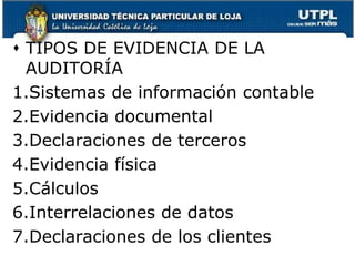 TIPOS DE EVIDENCIA DE LA AUDITORÍASistemas de información contableEvidencia documentalDeclaraciones de tercerosEvidencia físicaCálculosInterrelaciones de datosDeclaraciones de los clientes