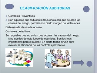 cumplimiento de la metodología. .2 Evaluación de la seguridad en el área informática..3 Evaluación de suficiencia en los planes de contingencia. respaldos, preveer qué va a pasar si se presentan fallas.  4 Opinión de la utilización de los recursos informáticos. resguardo y protección de activos. Características auditorias  La verificación de controles en el procesamiento de la información, desarrollo de sistemas e instalación con el objetivo de evaluar su efectividad y presentar recomendaciones a la Gerencia.La actividad dirigida a verificar y juzgar información.El examen y evaluación de los procesos del Área de Procesamiento automático de Datos (PAD) y de la utilización de los recursos que en ellos intervienen, para llegar a establecer el grado de eficiencia, efectividad y economía de los sistemas computarizados en una empresa y presentar conclusiones y recomendaciones encaminadas a corregir las deficiencias existentes y mejorarlas