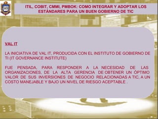 ITIL, COBIT, CMMI, PMBOK: COMO INTEGRAR Y ADOPTAR LOS
                ESTÁNDARES PARA UN BUEN GOBIERNO DE TIC




VAL IT

LA INICIATIVA DE VAL IT, PRODUCIDA CON EL INSTITUTO DE GOBIERNO DE
TI (IT GOVERNANCE INSTITUTE)

FUE PENSADA, PARA RESPONDER A LA NECESIDAD DE LAS
ORGANIZACIONES, DE LA ALTA GERENCIA DE OBTENER UN ÓPTIMO
VALOR DE SUS INVERSIONES DE NEGOCIO RELACIONADAS A TIC, A UN
COSTO MANEJABLE Y BAJO UN NIVEL DE RIESGO ACEPTABLE .
 