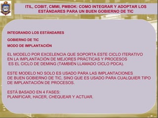 ITIL, COBIT, CMMI, PMBOK: COMO INTEGRAR Y ADOPTAR LOS
               ESTÁNDARES PARA UN BUEN GOBIERNO DE TIC




INTEGRANDO LOS ESTÁNDARES

GOBIERNO DE TIC
.


MODO DE IMPLANTACIÓN

EL MODELO POR EXCELENCIA QUE SOPORTA ESTE CICLO ITERATIVO
EN LA IMPLANTACIÓN DE MEJORES PRÁCTICAS Y PROCESOS
ES EL CICLO DE DEMING (TAMBIÉN LLAMADO CICLO PDCA).

ESTE MODELO NO SOLO ES USADO PARA LAS IMPLANTACIONES
DE BUEN GOBIERNO DE TIC, SINO QUE ES USADO PARA CUALQUIER TIPO
DE IMPLANTACIÓN DE PROCESOS.

ESTÁ BASADO EN 4 FASES:
PLANIFICAR, HACER, CHEQUEAR Y ACTUAR.
 