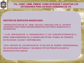 ITIL, COBIT, CMMI, PMBOK: COMO INTEGRAR Y ADOPTAR LOS
                 ESTÁNDARES PARA UN BUEN GOBIERNO DE TIC




GESTIÓN DE SERVICIOS INADECUADA
• INFRAESTRUCTURA DE TIC TIENE UNA SOLA FINALIDAD: DAR EL SOPORTE
 NECESARIO PARA PODER OBTENER BENEFICIOS NOTORIOS, BASADOS EN LA
INFORMACIÓN.


• A LOS EMPLEADOS DE LA ORGANIZACIÓN O A LOS CLIENTES EXTERNOS DE LA
MISMA, DEBEN BRINDARSE DE LA MANERA MÁS ÓPTIMA POSIBLE, EN TÉRMINOS
DE VELOCIDAD, CALIDAD Y DISPONIBILIDAD.


• ESTA GESTIÓN DE LOS SERVICIOS DE TIC SE HACE DE MANERA DESORGANIZADA,
SIN UN ESQUEMA DETRABAJO Y SIN NINGÚN TIPO DE PRINCIPIOS NI METAS
ESPECÍFICAS POR CUMPLIR.
 