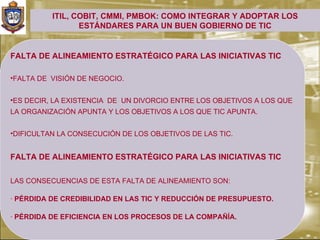 ITIL, COBIT, CMMI, PMBOK: COMO INTEGRAR Y ADOPTAR LOS
                 ESTÁNDARES PARA UN BUEN GOBIERNO DE TIC


FALTA DE ALINEAMIENTO ESTRATÉGICO PARA LAS INICIATIVAS TIC

•FALTA DE VISIÓN DE NEGOCIO.


•ES DECIR, LA EXISTENCIA DE UN DIVORCIO ENTRE LOS OBJETIVOS A LOS QUE
LA ORGANIZACIÓN APUNTA Y LOS OBJETIVOS A LOS QUE TIC APUNTA.


•DIFICULTAN LA CONSECUCIÓN DE LOS OBJETIVOS DE LAS TIC.


FALTA DE ALINEAMIENTO ESTRATÉGICO PARA LAS INICIATIVAS TIC

LAS CONSECUENCIAS DE ESTA FALTA DE ALINEAMIENTO SON:

· PÉRDIDA DE CREDIBILIDAD EN LAS TIC Y REDUCCIÓN DE PRESUPUESTO.

· PÉRDIDA DE EFICIENCIA EN LOS PROCESOS DE LA COMPAÑÍA.
 