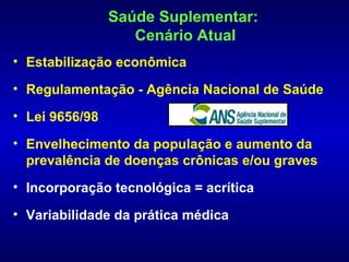 Saúde Suplementar:
                   Cenário Atual
• Estabilização econômica

• Regulamentação - Agência Nacional de Saúde

• Lei 9656/98

• Envelhecimento da população e aumento da
  prevalência de doenças crônicas e/ou graves
• Incorporação tecnológica = acrítica

• Variabilidade da prática médica
 