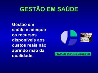 GESTÃO EM SAÚDE

Gestão em
saúde é adequar
os recursos
disponíveis aos
custos reais não
abrindo mão da
                   PIZZA do Dinheiro Disponível
qualidade.
 
