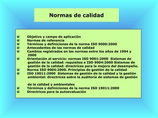 Normas de calidad


Objetivo y campo de aplicación
Normas de referencia
Términos y definiciones de la norma ISO 9000:2000
Antecedentes de las normas de calidad
Cambios registrados en las normas entre los años de 1994 y
2000
Orientación al servicio: normas ISO 9001:2000 Sistemas de
gestión de la calidad: requisitos e ISO 9004:2000 Sistemas de
gestión de la calidad: directrices para la mejora del desempeño.
Norma ISO 9004:2000. Principios de gestión de la calidad
ISO 19011:2000 Sistemas de gestión de la calidad y la gestión
ambiental: directrices sobre la auditoría de sistemas de gestión

de la calidad y ambientales
Términos y definiciones de la norma ISO 19011:2000
Directrices para la autoevaluación
 