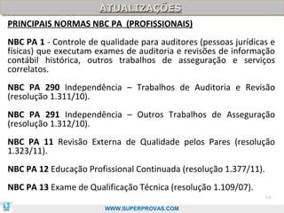 ATUALIZAÇÕES
                    ATUALIZAÇÕES
PRINCIPAIS NORMAS NBC PA (PROFISSIONAIS)
NBC PA 1 - Controle de qualidade para auditores (pessoas jurídicas e
físicas) que executam exames de auditoria e revisões de informação
contábil histórica, outros trabalhos de asseguração e serviços
correlatos.
NBC PA 290 Independência – Trabalhos de Auditoria e Revisão
(resolução 1.311/10).
NBC PA 291 Independência – Outros Trabalhos de Asseguração
(resolução 1.312/10).
NBC PA 11 Revisão Externa de Qualidade pelos Pares (resolução
1.323/11).
NBC PA 12 Educação Profissional Continuada (resolução 1.377/11).
NBC PA 13 Exame de Qualificação Técnica (resolução 1.109/07).
                                                                   14

                        WWW.SUPERPROVAS.COM
 