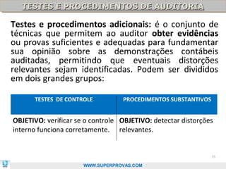 TESTES E PROCEDIMENTOS DE AUDITORIA
  TESTES E PROCEDIMENTOS DE AUDITORIA

Testes e procedimentos adicionais: é o conjunto de
técnicas que permitem ao auditor obter evidências
ou provas suficientes e adequadas para fundamentar
sua opinião sobre as demonstrações contábeis
auditadas, permitindo que eventuais distorções
relevantes sejam identificadas. Podem ser divididos
em dois grandes grupos:

      TESTES DE CONTROLE          PROCEDIMENTOS SUBSTANTIVOS


OBJETIVO: verificar se o controle OBJETIVO: detectar distorções
interno funciona corretamente. relevantes.


                                                               35

                      WWW.SUPERPROVAS.COM
 