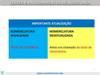 TESTES E PROCEDIMENTOS DE AUDITORIA
TESTES E PROCEDIMENTOS DE AUDITORIA




            IMPORTANTE ATUALIZAÇÃO

NOMENCLATURA             NOMENCLATURA
ATUALIZADA               DESATUALIZADA


TESTE DE CONTROLE        Antes era chamado de teste de
                         observância.




                                                         37

                WWW.SUPERPROVAS.COM
 