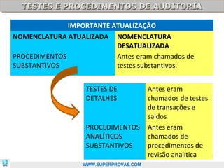 TESTES E PROCEDIMENTOS DE AUDITORIA
  TESTES E PROCEDIMENTOS DE AUDITORIA

                IMPORTANTE ATUALIZAÇÃO
NOMENCLATURA ATUALIZADA       NOMENCLATURA
                              DESATUALIZADA
PROCEDIMENTOS                 Antes eram chamados de
SUBSTANTIVOS                  testes substantivos.


                    TESTES DE            Antes eram
                    DETALHES             chamados de testes
                                         de transações e
                                         saldos
                    PROCEDIMENTOS        Antes eram
                    ANALÍTICOS           chamados de
                    SUBSTANTIVOS         procedimentos de
                                         revisão analítica  38

                   WWW.SUPERPROVAS.COM
 