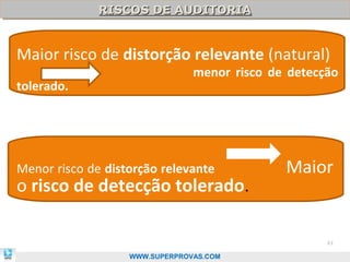 RISCOS DE AUDITORIA
              RISCOS DE AUDITORIA


Maior risco de distorção relevante (natural)
                                menor risco de detecção
tolerado.




Menor risco de distorção relevante            Maior
o risco de detecção tolerado.

                                                     61

                   WWW.SUPERPROVAS.COM
 