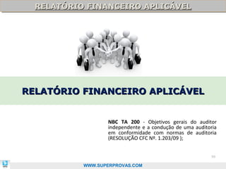RELATÓRIO FINANCEIRO APLICÁVEL
  RELATÓRIO FINANCEIRO APLICÁVEL




RELATÓRIO FINANCEIRO APLICÁVEL


                  NBC TA 200 - Objetivos gerais do auditor
                  independente e a condução de uma auditoria
                  em conformidade com normas de auditoria
                  (RESOLUÇÃO CFC Nº. 1.203/09 );


                                                         99

           WWW.SUPERPROVAS.COM
 