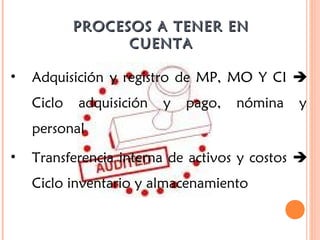 PROCESOS A TENER ENPROCESOS A TENER EN
CUENTACUENTA
• Adquisición y registro de MP, MO Y CI 
Ciclo adquisición y pago, nómina y
personal
• Transferencia interna de activos y costos 
Ciclo inventario y almacenamiento
 