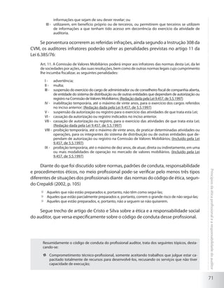 71
Princípiosdaéticaprofissionalearesponsabilidadedoauditor
informações que sejam de seu dever revelar; ou
utilizarem, em benefício próprio ou de terceiros, ou permitirem que terceiros se utilizemIII -	
de informações a que tenham tido acesso em decorrência do exercício da atividade de
auditoria.
Se porventura ocorrerem as referidas infrações, ainda segundo a Instrução 308 da
CVM, os auditores infratores poderão sofrer as penalidades previstas no artigo 11 da
Lei 6.385/76:
Art. 11. A Comissão de Valores Mobiliários poderá impor aos infratores das normas desta Lei, da lei
de sociedades por ações, das suas resoluções, bem como de outras normas legais cujo cumprimento
lhe incumba fiscalizar, as seguintes penalidades:
advertência;I -	
multa;II -	
suspensão do exercício do cargo de administrador ou de conselheiro fiscal de companhia aberta,III -	
de entidade do sistema de distribuição ou de outras entidades que dependam de autorização ou
registro na Comissão deValores Mobiliários; (Redação dada pela Lei 9.457, de 5.5.1997)
inabilitação temporária, até o máximo de vinte anos, para o exercício dos cargos referidosIV -	
no inciso anterior; (Redação dada pela Lei 9.457, de 5.5.1997)
suspensão da autorização ou registro para o exercício das atividades de que trata esta Lei;V -	
cassação da autorização ou registro indicados no inciso anterior.VI -	
cassação de autorização ou registro, para o exercício das atividades de que trata esta Lei;VII -	
(Redação dada pela Lei 9.457, de 5.5.1997)
proibição temporária, até o máximo de vinte anos, de praticar determinadas atividades ouVIII -	
operações, para os integrantes do sistema de distribuição ou de outras entidades que de-
pendam de autorização ou registro na Comissão de Valores Mobiliários; (Incluído pela Lei
9.457, de 5.5.1997)
proibição temporária, até o máximo de dez anos, de atuar, direta ou indiretamente, em umaIX -	
ou mais modalidades de operação no mercado de valores mobiliários. (Incluído pela Lei
9.457, de 5.5.1997)
Diante do que foi discutido sobre normas, padrões de conduta, responsabilidade
e procedimentos éticos, no meio profissional pode-se verificar pelo menos três tipos
diferentes de situações dos profissionais diante das normas do código de ética, segun-
do Crepaldi (2002, p. 105)
	 Aqueles que não estão preparados e, portanto, não têm como segui-las;
	 Aqueles que estão parcialmente preparados e, portanto, correm o grande risco de não segui-las;
	 Aqueles que estão preparados, e, portanto, não a seguem se não quiserem.
Segue trecho de artigo de Cristo e Silva sobre a ética e a responsabilidade social
do auditor, que versa especificamente sobre o código de conduta desse profissional.
Resumidamente o código de conduta do profissional auditor, trata dos seguintes tópicos, desta-
cando-se:
	 Comprometimento técnico-profissional, somente aceitando trabalhos que julgue estar ca-
pacitado totalmente de recursos para desenvolvê-los, recusando os serviços que não tiver
capacidade de execução;
 