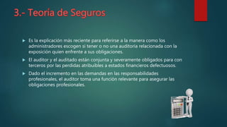  Es la explicación más reciente para referirse a la manera como los
administradores escogen si tener o no una auditoria relacionada con la
exposición quien enfrente a sus obligaciones.
 El auditor y el auditado están conjunta y severamente obligados para con
terceros por las perdidas atribuibles a estados financieros defectuosos.
 Dado el incremento en las demandas en las responsabilidades
profesionales, el auditor toma una función relevante para asegurar las
obligaciones profesionales.
 