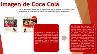 Imagen de Coca Cola
“Es la estructura mental de la organización que se forman los públicos, como
resultado del procesamiento de toda la información relativa a la organización”
Se comenzó a comercializar la
bebida en bares y posteriormente
en tiendas, intentando conseguir
que el público objetivo relacione
la marca con una bebida
“refrescante” que va a solucionar
todos sus problemas con un solo
trago
Con el paso del tiempo y su
consolidación en la industria se
intentó añadir ciertos valores a
esta. Como por ejemplo mostrar
el apoyo con la armada
estadounidense durante la
Primera Guerra Mundial, donde la
empresa se esforzó por conseguir
que los compatriotas que
luchaban por su país tuvieran
siempre una Coca Cola a mano
para saciar su sed, teniendo a día
de hoy multitud de imágenes de
los militares bebiendo Coca Cola
tranquilamente, captadas por los
reporteros de guerra.
 