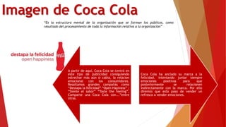 Imagen de Coca Cola
A partir de aquí, Coca Cola se centró en
este tipo de publicidad consiguiendo
estrechar más aún si cabia, la relacion
emocional con los consumidores.
Resaltamos grandes campañas como
“Destapa la felicidad” “Open Hapiness” ;
“Siente el sabor” “Taste the feeling”,
Comparte una Coca Cola con...”entre
otras.
Coca Cola ha anclado su marca a la
felicidad, intentando juntar siempre
emociones positivas para que
posteriormente se relacionen
indirectamente con la marca. Por ello
diremos que esta paso de vender un
refresco a vender emociones.
“Es la estructura mental de la organización que se forman los públicos, como
resultado del procesamiento de toda la información relativa a la organización”
 