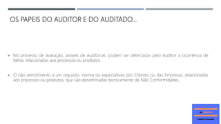 OS PAPEIS DO AUDITOR E DO AUDITADO...
 No processo de avaliação, através de Auditorias, podem ser detectadas pelo Auditor a ocorrência de
falhas relacionadas aos processos ou produtos.
 O não atendimento a um requisito, norma ou expectativas dos Clientes ou das Empresas, relacionadas
aos processos ou produtos, que são denominadas tecnicamente de Não Conformidades.
 