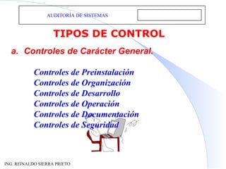 AUDITORÍA DE SISTEMAS TIPOS DE CONTROL Controles de Carácter General. Controles de Preinstalación Controles de Organización Controles de Desarrollo  Controles de Operación Controles de Documentación Controles de Seguridad    