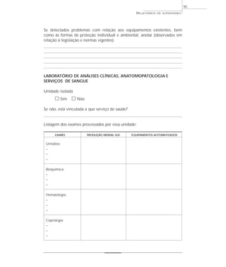 95
                                                   RELATÓRIOS   DE SUPERVISÃO




Se detectados problemas com relação aos equipamentos existentes, bem
como às formas de proteção individual e ambiental, anotar (observados em
relação à legislação e normas vigentes):




LABORATÓRIO DE ANÁLISES CLÍNICAS, ANATOMOPATOLOGIA E
SERVIÇOS DE SANGUE

Unidade isolada
       ᮀ Sim ᮀ Não
Se não, está vinculada a que serviço de saúde?


Listagem dos exames processados por essa unidade:

       EXAMES          PRODUÇÃO MENSAL SUS       EQUIPAMENTOS AUTOMATIZADOS


 Urinálise:
 –
 –
 –

 Bioquímica:
 –
 –
 –

 Hematologia:
 –
 –
 –

 Coprologia:
 –
 –
 –
 